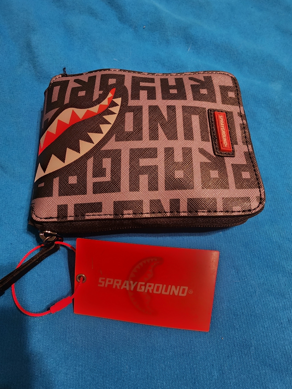 Sprayground Shark Zip Around Wallet in Gray and Black with Red Accent